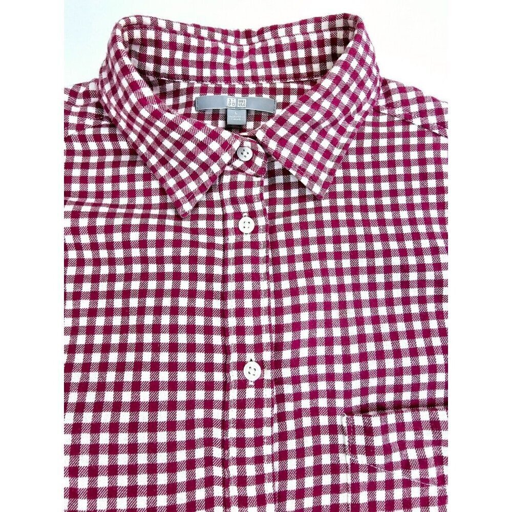 Uniqlo Size Large Womens Red White Check Flannel Long Sleeve Cotton Pocket Shirt - Picture 1 of 10